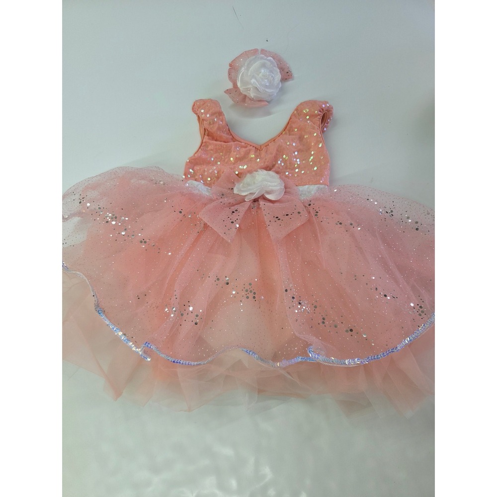 Weissman Peach Sequin Glitter Tulle Dance Leotard Tutu Dress XSC 14214 Hair Clip